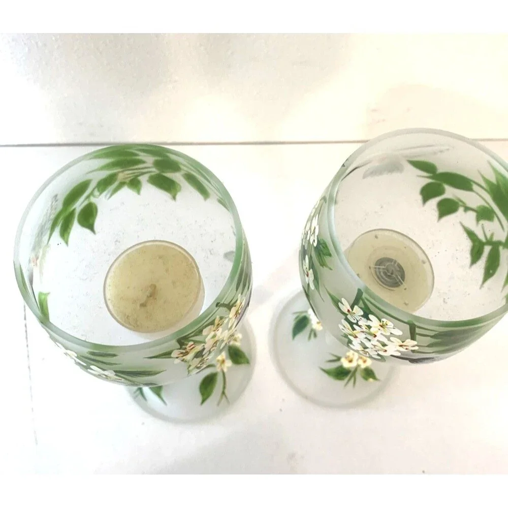 Two Frosted Hand Painted Floral Hummingbird Wine Glasses/Candle Holder 12oz 8